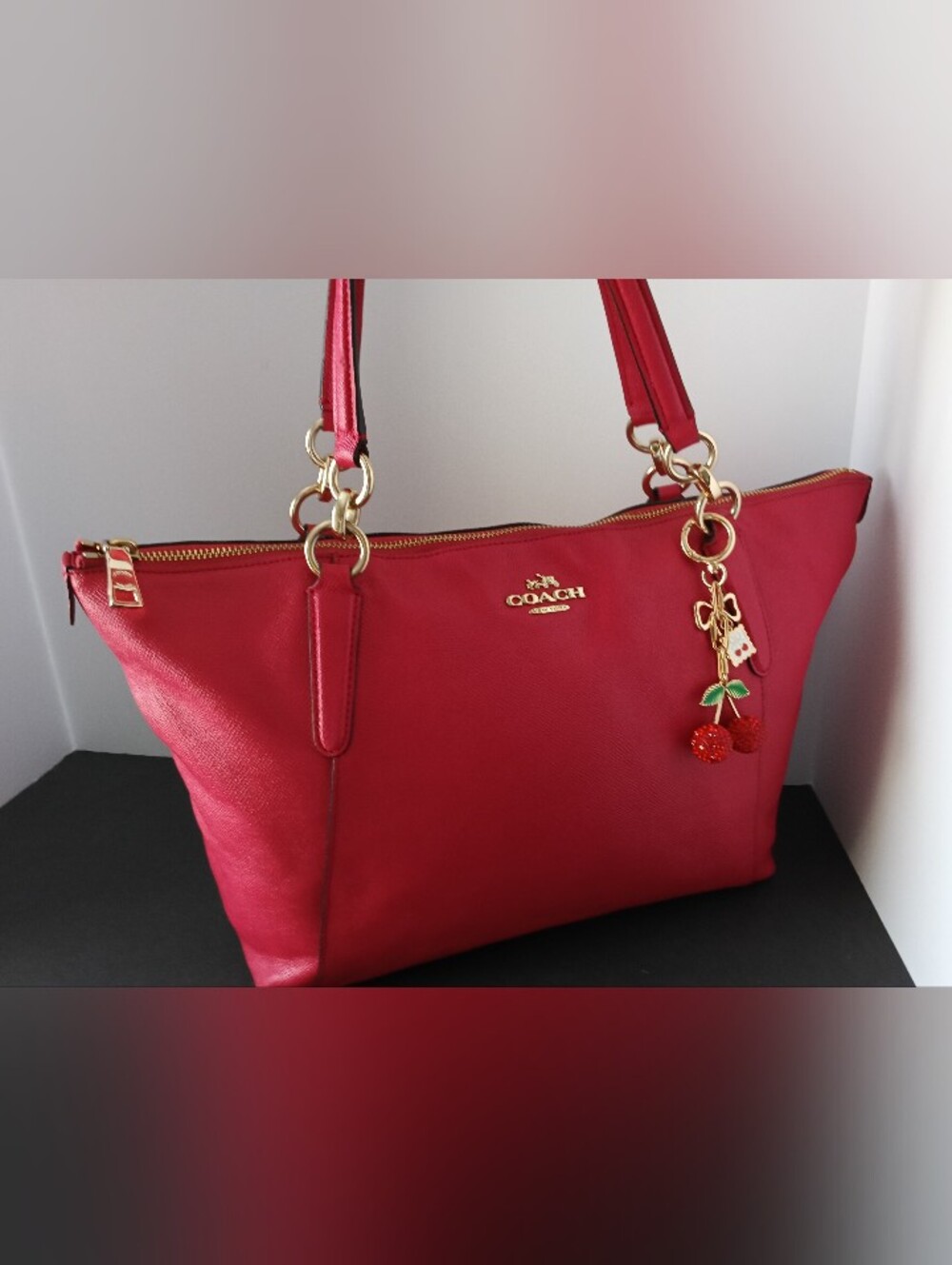Coach Rose Red Leather Shoulder Bag with Shoulder Straps